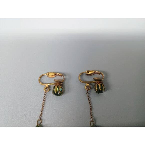 Vintage Earrings Gold Tone Clip Ons Aurora Borealis Dangle Rhinestone - Picture 4 of 5